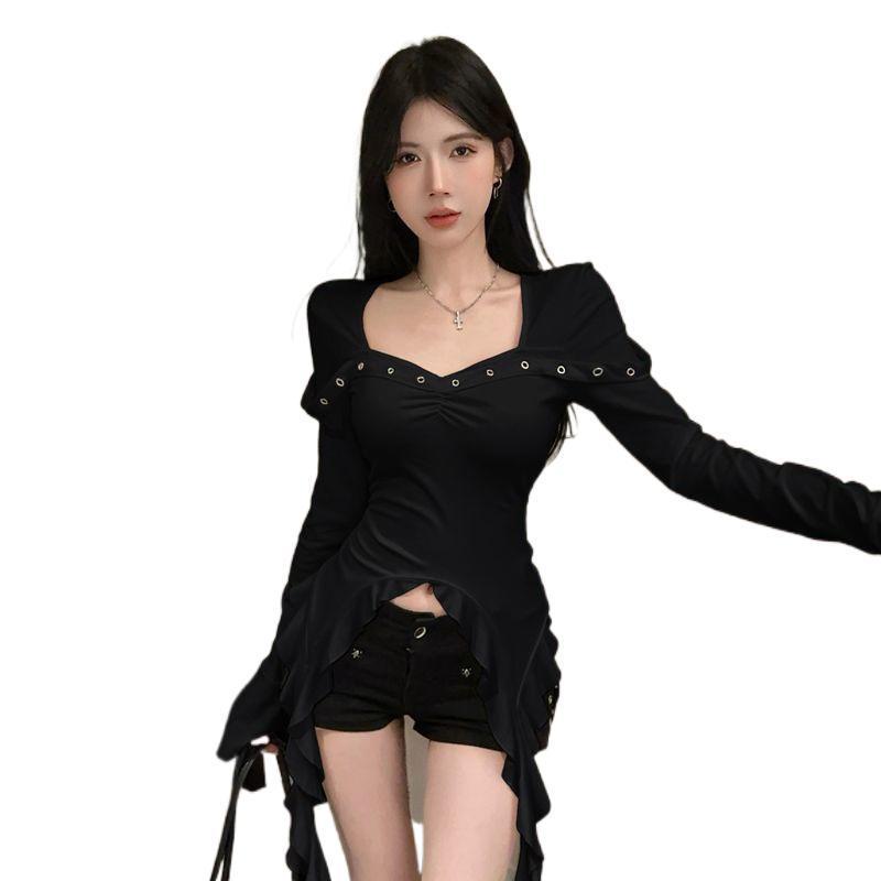 Áo Thun Cổ Vuông Cô Gái Nóng Bỏng, Phổ Biến Năm 2024, Thiết Kế Dễ Thương Và Gợi Cảm, Tay Chuông, Tay Áo Dài Màu Trắng, Thiết Kế Đẹp, Thích Hợp Cho Bé Gái, Áo Ôm, Ruy Băng Xếp Nhún Bất Đối Xứng Top 1