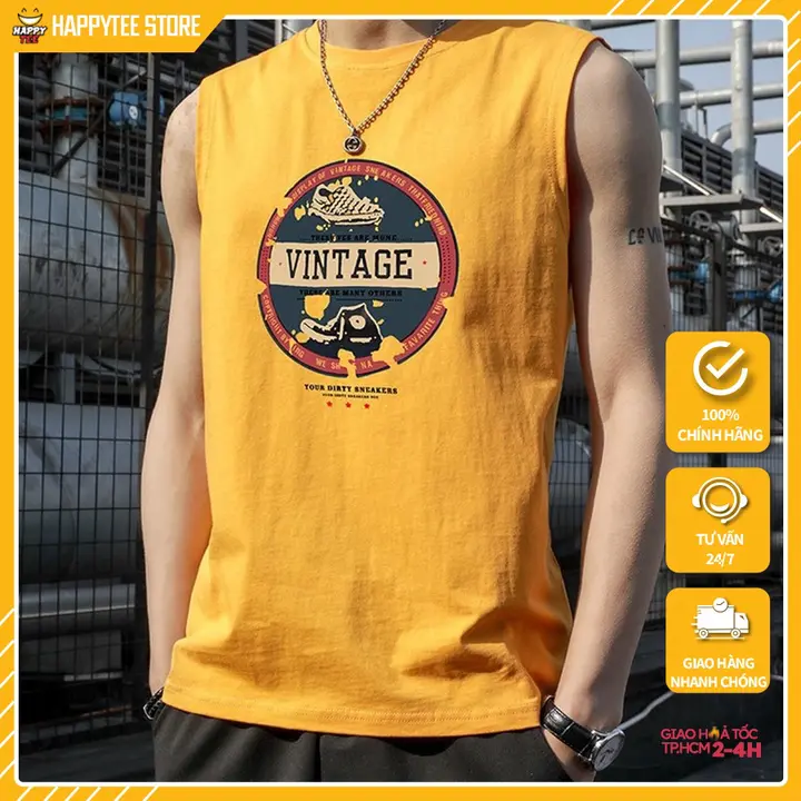 Áo 3 Lỗ Nam HappyTee - Áo Thun Ba Lỗ Nam Không Tay Mát Mẻ Trẻ Trung Thoải Mái Họa Tiết Vintage Chất Cotton 100% Cao Cấp