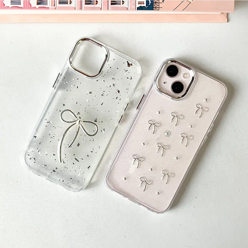 【SatSet.ind】LUX Plating Transparan Tekstur 3D Pita Ribbon Butterfly Compatible with iPh 11 Pro 12 ProMax 13 14 Plus 15 16 Casing Cover Elegan Mewah Glitter Metal Plating Clear Case back  cover 8