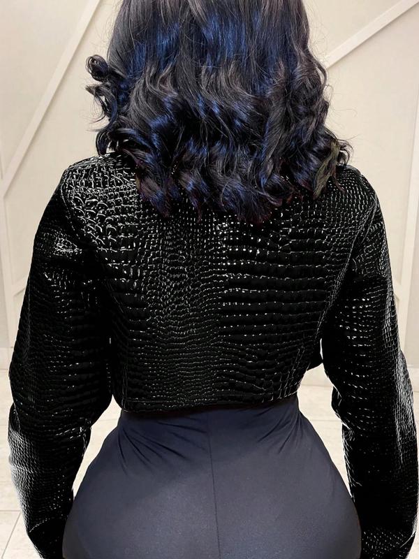 Women's Snake Skin Pattern Faux Leather Jacket, Casual Long Sleeve Open Front Outerwear for Fall & Winter, Ladies Clothes for Daily Wear 1