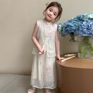 Bộ Đồ Không Tay Phong Cách Trung Quốc Mới Cho Bé Gái, Bộ Hai Mảnh Áo Vest Trẻ Em Và Quần Ống Rộng, Thích Hợp Cho Mùa Hè 2025, Hanfu Cho Bé Mỏng áo  dài  cách  tân  nữ candy blossom  kids set  jean  begai