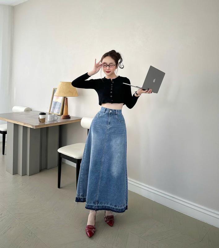 Chân Váy Jeans Dáng Dài Chữ A tua rua gấu phong cách Hàn Quốc tôn dáng C85 Top Chân Váy