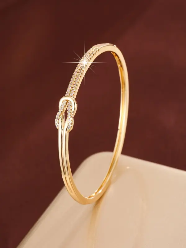 Women's Elegant Knot Design Bangle Bracelet, Exquisite Trendy Artificial Zircon Decor Bangle Bracelet, Fashionable Jewelry for Women As Gift 0