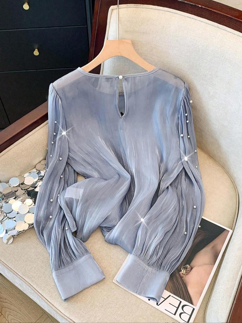 Product Introduction of Women's Glitter Faux Pearl Decor Crew Neck Blouse, Elegant Fashion Casual Long Sleeve Top for Daily Outdoor Wear, Women Clothing for Spring 2