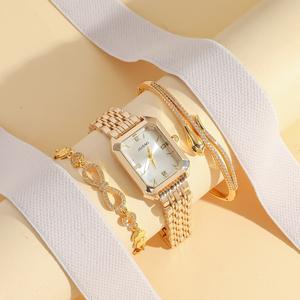 Set Jam Tangan dan Gelang Berhias Berlian Persegi Vintaj Wanita, Pergerakan Kuarza, Fesyen, Ketibaan Baru, Set Kotak Hadiah, Termasuk 3pcs Jam Tangan Watches Bead