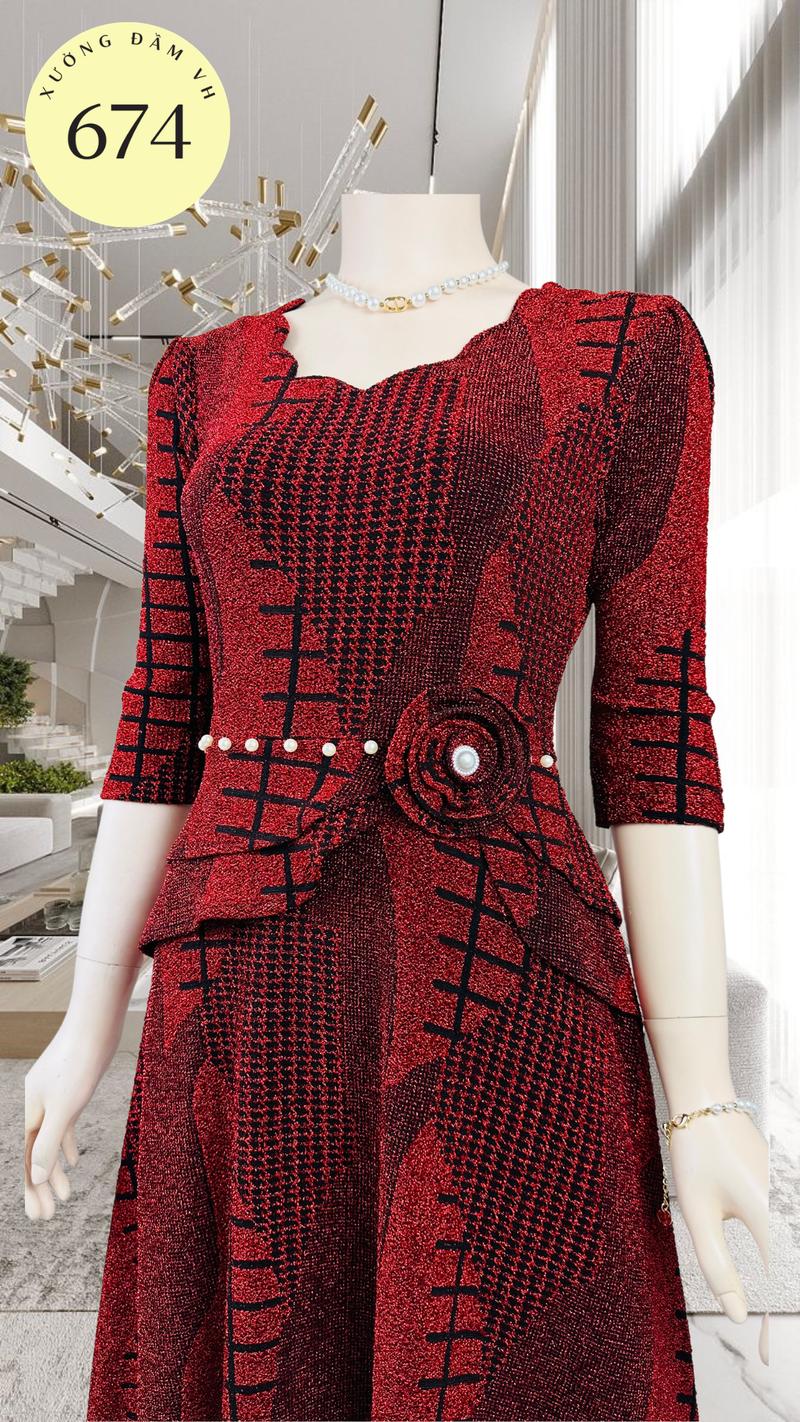 Product Introduction of M674 Đầm nhũ cổ lượn , đính cườm eo gắn hoa Nữ Women Dress Váy Đỏ 5