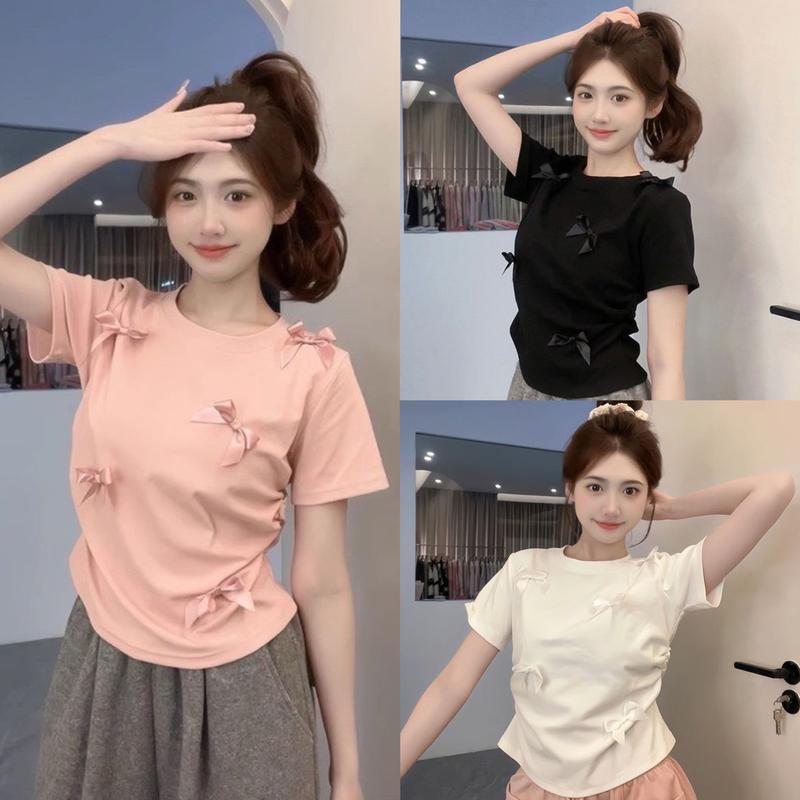 Áo Thun, Áo Babytee Thiết Kế Nhún Eo Thêu Nơ Xinh Xắn Dành Cho Nữ