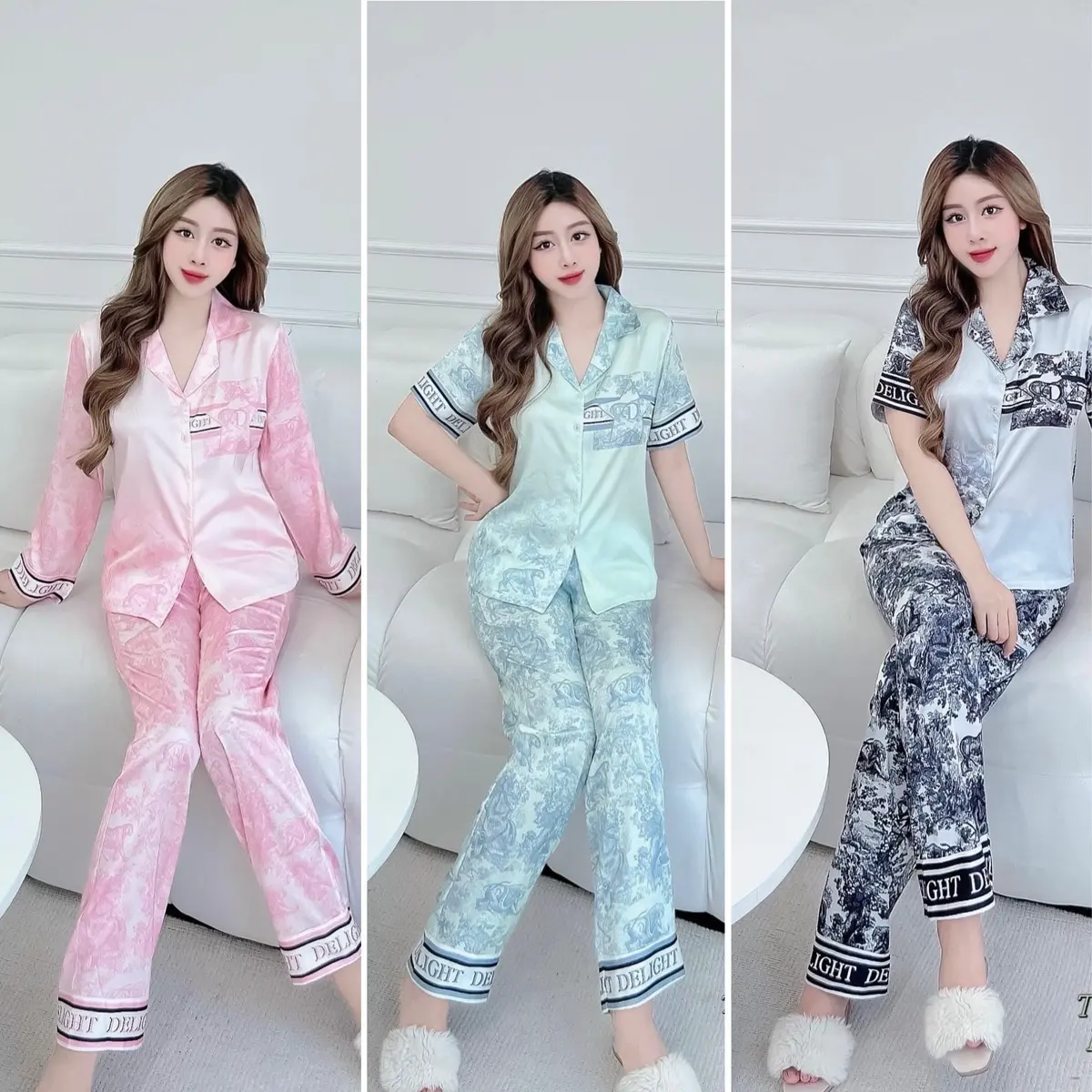 Đồ Bộ pijama Hoạ Tiết Delight loang tay ngắn-tay dài Nữ áo Nhung boo