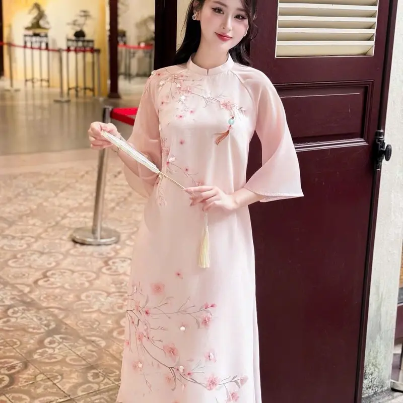 Set áo dài cách Tân tơ kim cương màu hồng xinh xắn - ÁO DÀI DIỆP ANH 2