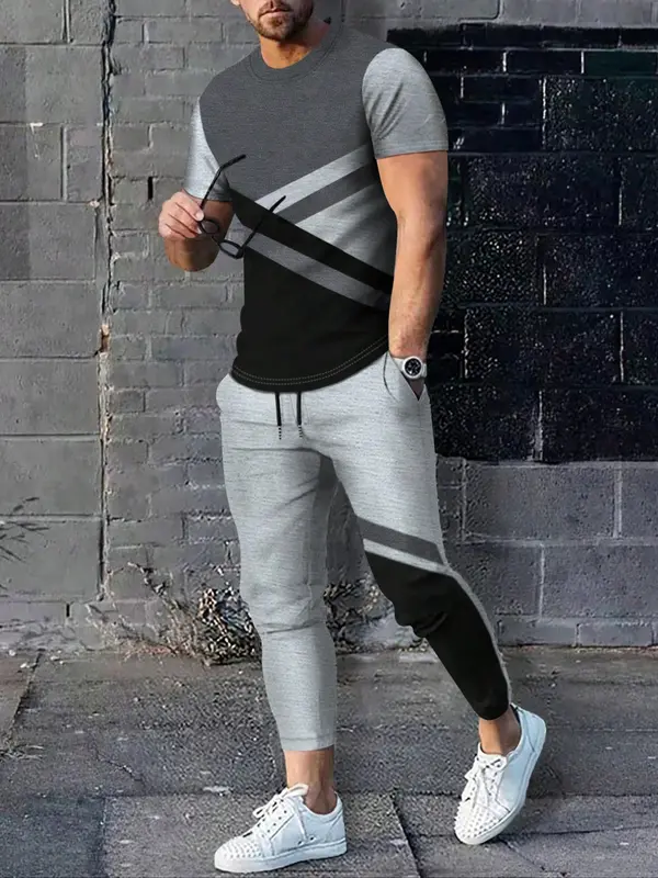 Two-Piece Set Men's Colorblock Print Round Neck Tee & Drawstring Waist Pants, Regular Fit Short Sleeve T-shirt & Pocket Trousers, Men's Clothes for Daily Wear, Menswear 4