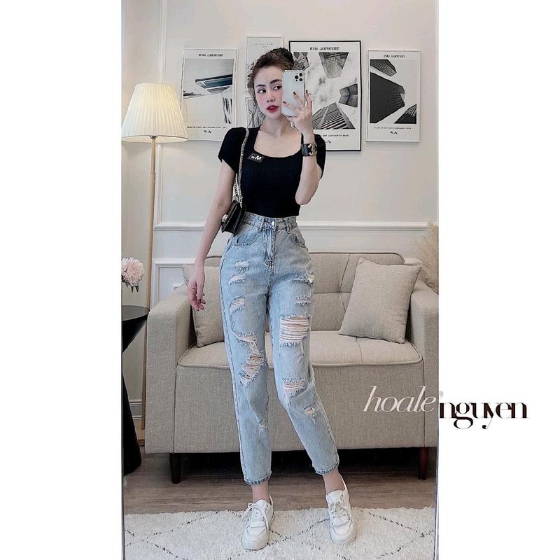 Bigsize Quần jeans baggy nữ rách tua rua xanh nhạt ms67