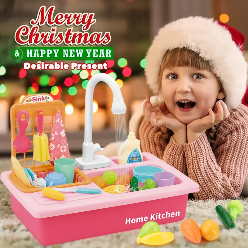 Pretend Play Kitchen Sink Toy, 1 Set Dish Rack & Play Cutting Food, Kitchen Utensils Role Playing Toys, Creative Birthday Gifts 8
