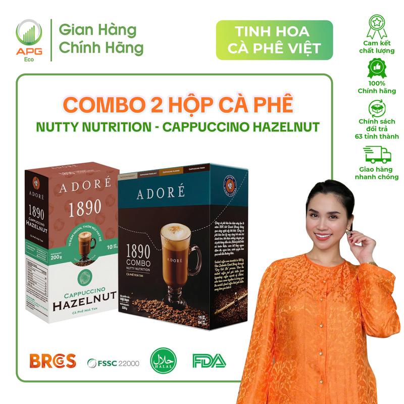 Combo 2 Hộp Cà Phê Hoà Tan - Cappuccino Nutty Nutrition (Mix 4 vị) và Cappuccino Hazelnut (Vị Hạt Dẻ) ADORÉ 1890