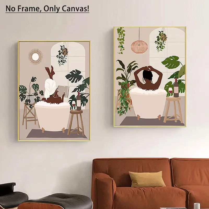 Bathroom Canvas Painting without Frame, 2 Counts Modern African American Woman in Bathroom Pattern Wall Art, Wall Decor for Home Bedroom Bathroom 2