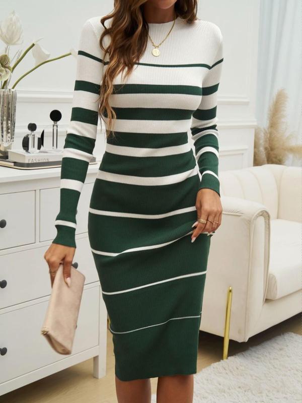 Women's Striped Print Long Sleeve Bodycon Dress, Elegant Round Neck Midi Dress for Party Holiday Wedding Guest, Ladies Fall & Winter Clothes 2