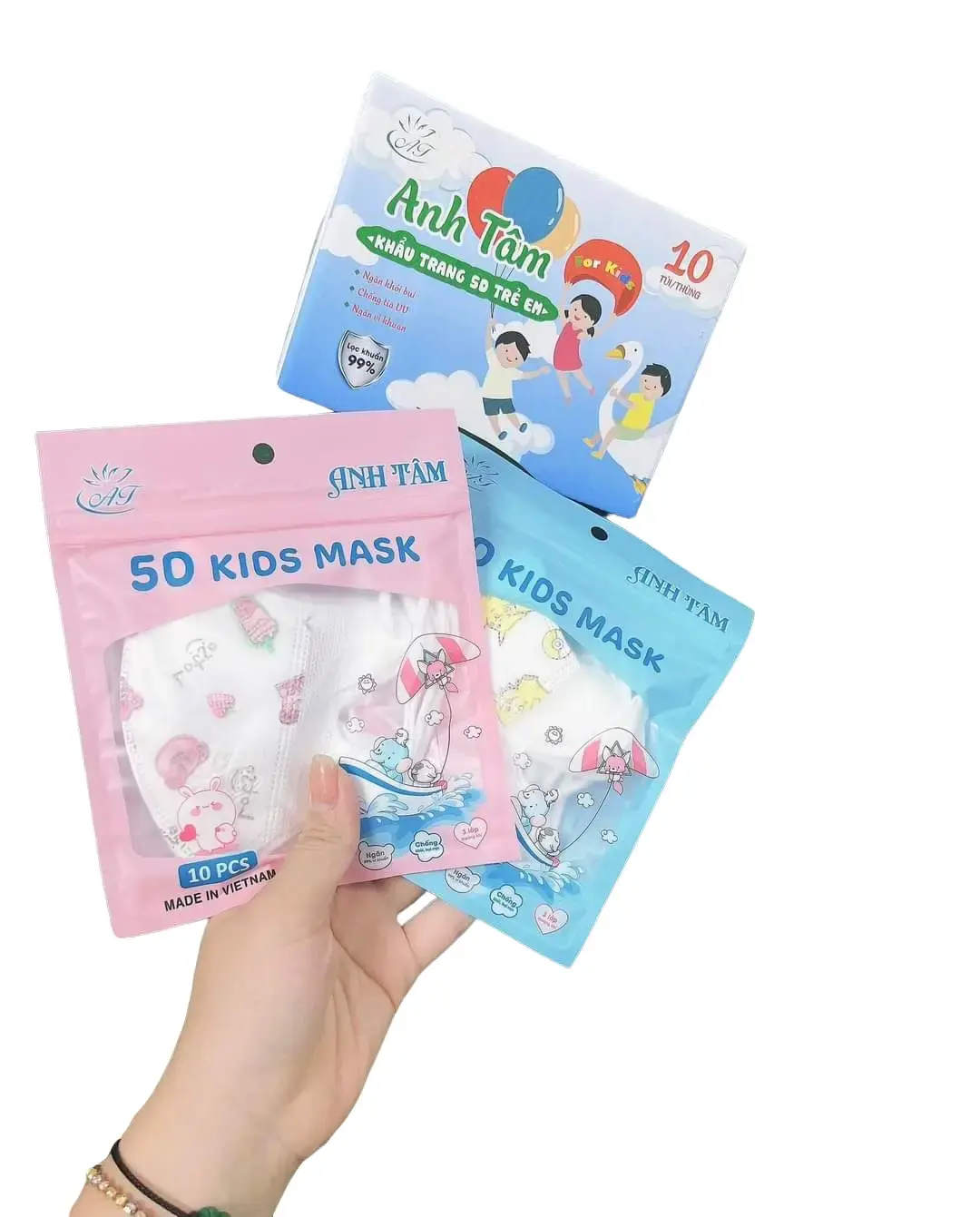Thùng 100 Cái Khẩu Trang 5D Anh Tâm Trẻ Em (3-9 Tuổi) Thiết Kế 3 Lớp, Họa Tiết Nhân Vật Đáng Yêu