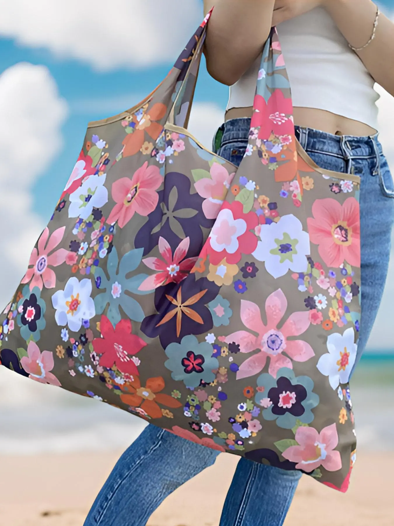 Floral Pattern Tote Bag, Summer 2025 Large Capacity All Over Print Shopping Bag for Women & Men, Casual Trendy Versatile High-quality Daily Commuting Bag