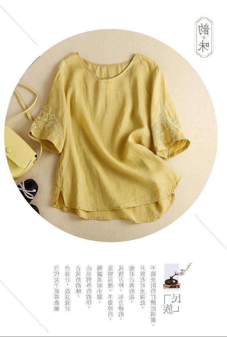 Product Introduction of Áo Thun Pha Trộn Vải Lanh, Hàng Mới Về Mùa Hè, Dành Cho Nữ, Vừa Vặn Thư Giãn, Áo Cánh Thêu, Cổ Tròn Nghệ Thuật, Áo Thường Ngày Thoáng Khí Và Bó Sát, Thiết Yếu Thời Trang Mùa Hè, Thoải Mái Và Phong Cách 2