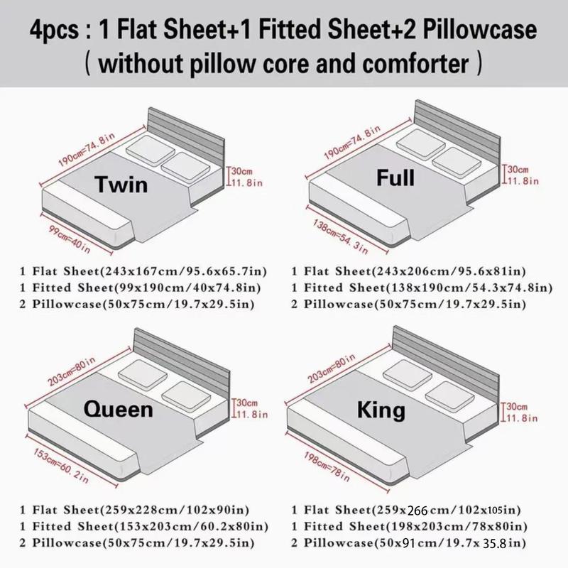 Solid Color Satin Bedding Set (4 Counts/set), Including 1 Flat Sheet, 1 Fitted Sheet & 2 Pillowcase without Filler, Soft Comfortable Bedding Set for Home Bedroom 8