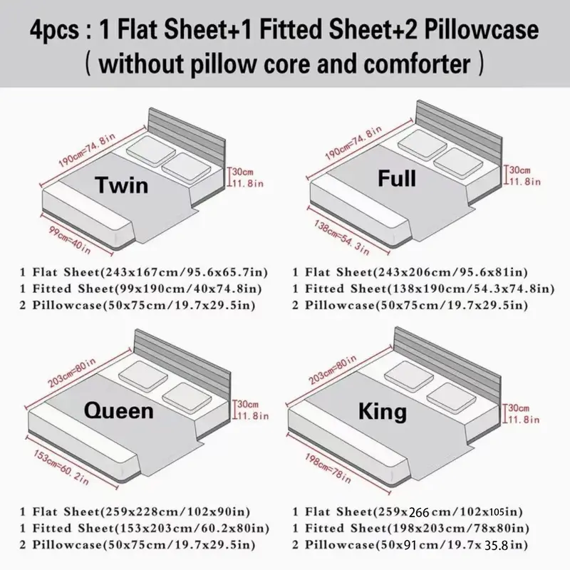 Solid Color Satin Bedding Set (4 Counts/set), Including 1 Flat Sheet, 1 Fitted Sheet & 2 Pillowcase without Filler, Soft Comfortable Bedding Set for Home Bedroom 6