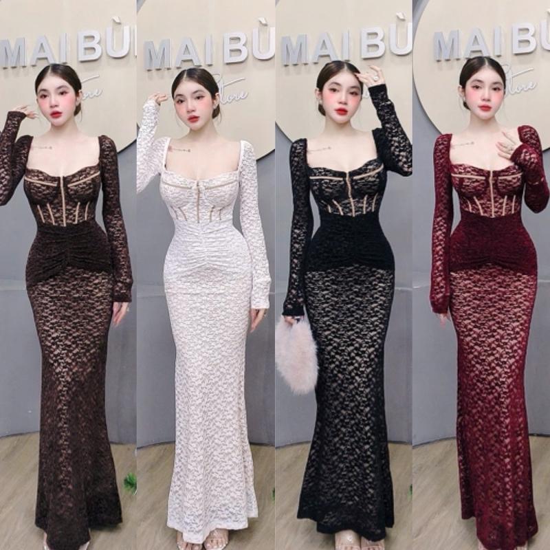 D436 - Đầm Body Đuôi Cá Ren Nhung Tay Dài ( Mút vừa) Mai Bùi Store