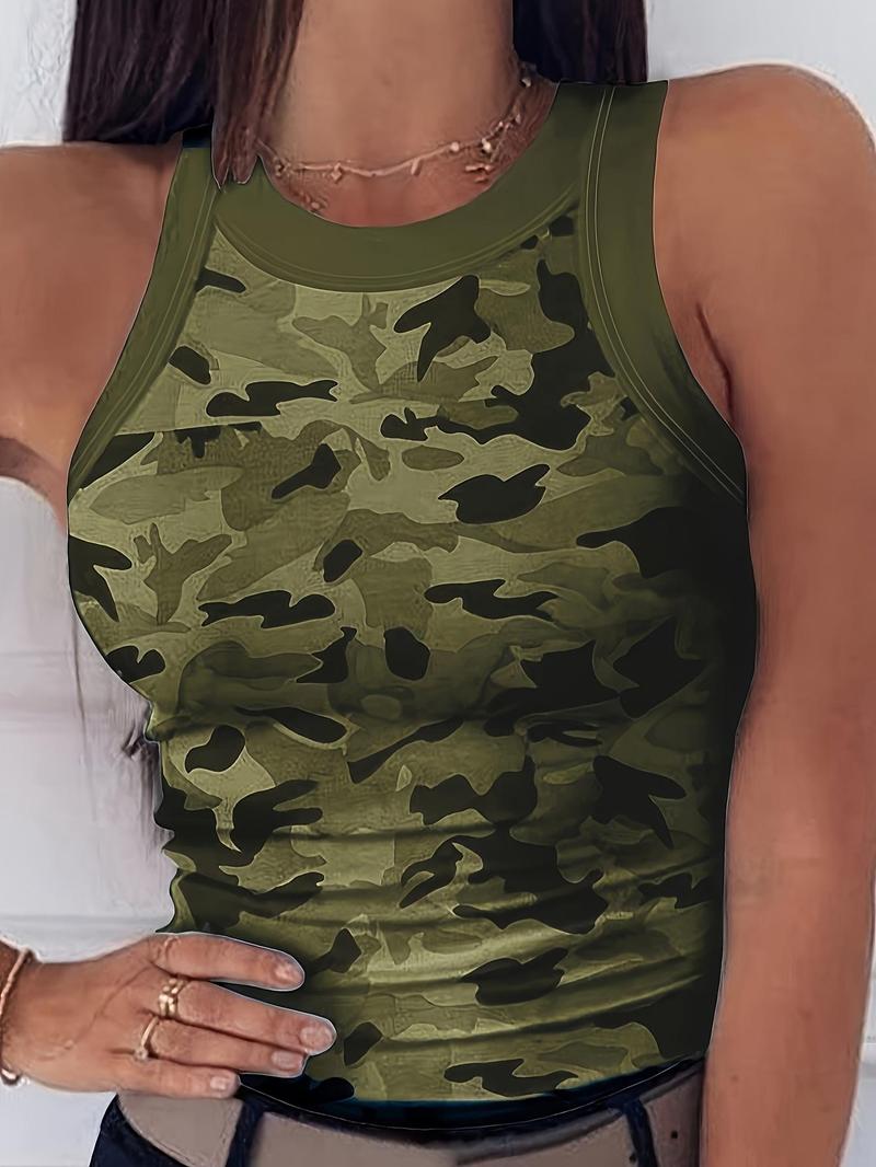 Product Introduction of Women's Camo Print Contrast Binding Tank Top, Casual Round Neck Sleeveless Top for Summer, Ladies Clothes for Daily Wear, Clothing 1