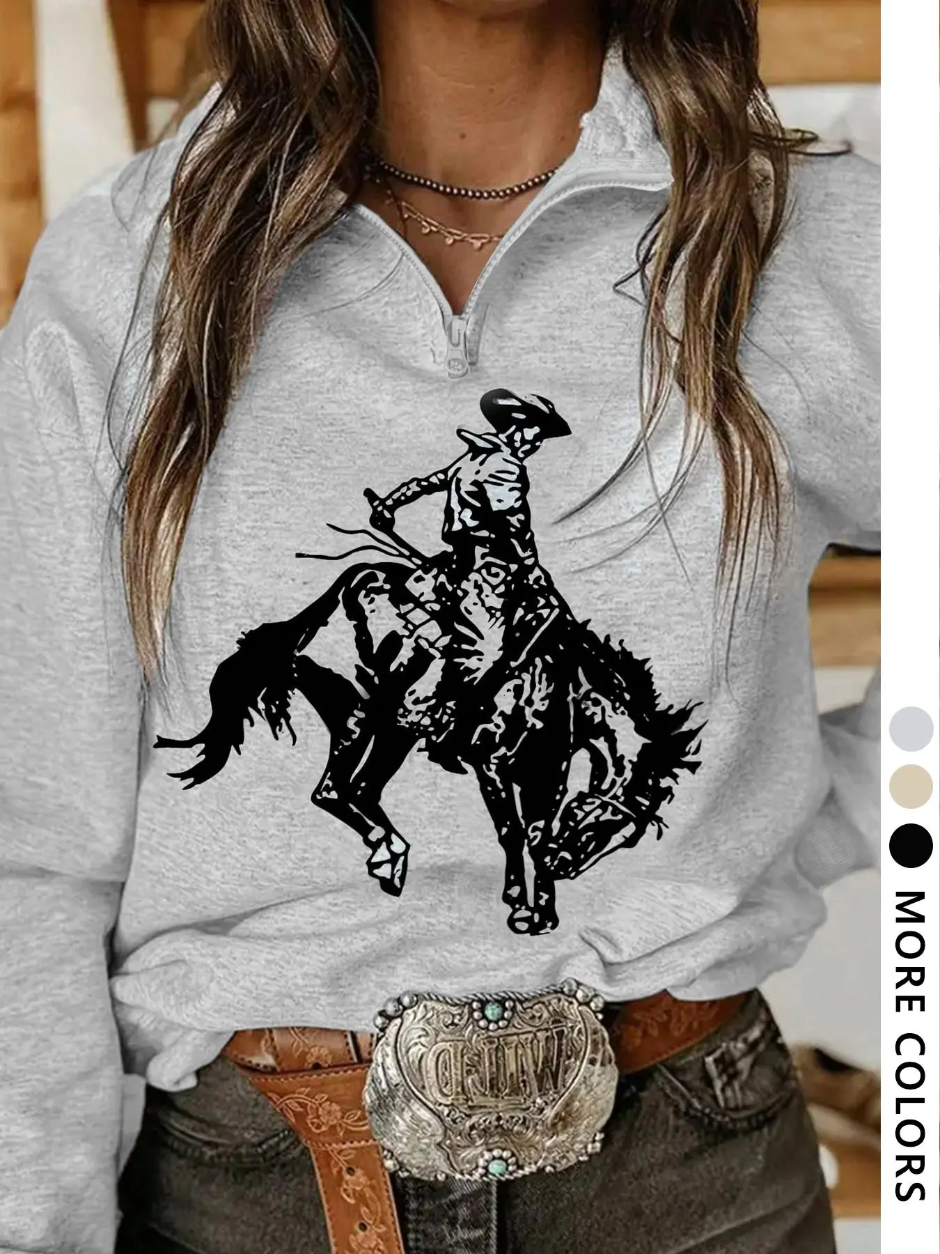 Women's Cartoon Cowboy Print Pullover Sweatshirt, Casual Long Sleeve   Top for Daily Wear, Ladies Clothes for All Seasons