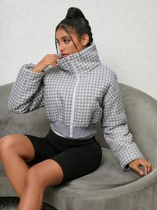 Women's Houndstooth Print Drop Shoulder Zip Up Crop Winter Coat, Casual Fashionable Stand Collar Outerwear for Daily Outdoor Wear, Women Clothing for Fall & Winter