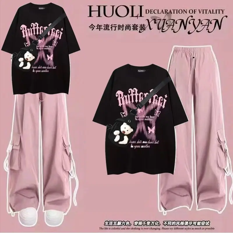 Bộ Đồ Đơn / Bộ Đồ Mùa Hè, Phong Cách Đơn Giản, Dành Cho Nữ, Người Có Ảnh Hưởng Trực Tuyến Ins, Áo Phông Ngắn Tay, Quần Yếm, Quần Ống Rộng, Bộ Hai Mảnh, Năm 2024 Women Top