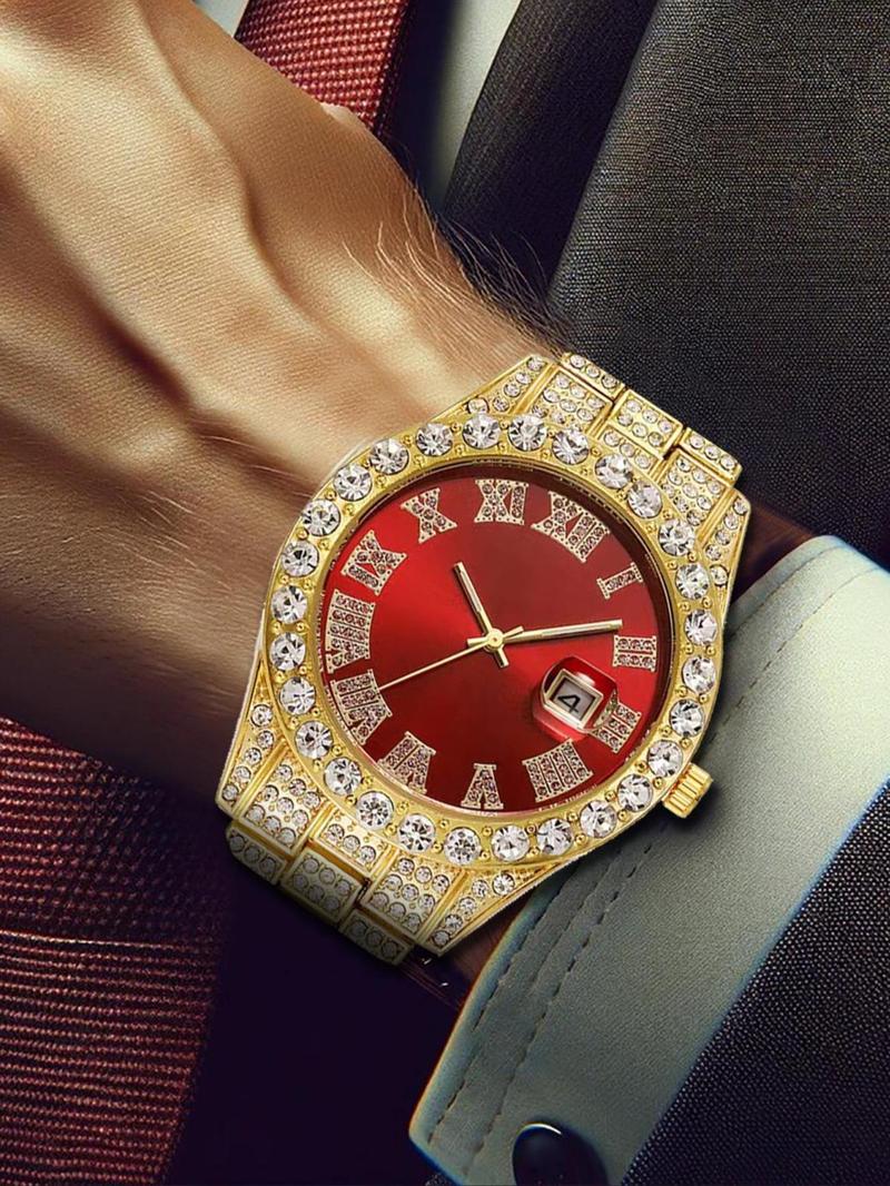 Product Introduction of Men's Luxury Rhinestone Decorated Analog Quartz Watch with Date Function, Fashion Watch for Party, Daily Decor, Trendy All-match & Exquisite Watch for Birthday Gift with Box 4