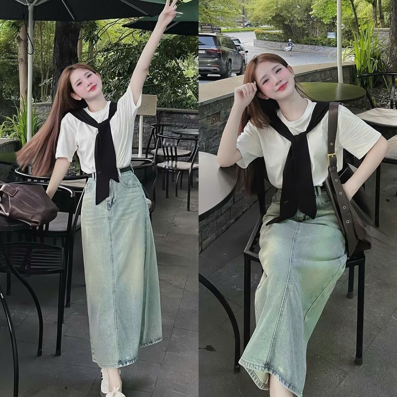 Set đồ nữ áo thun trơn cổ tròn tay ngắn phối khăn choàng kèm chân váy jean suông Có Thoắt Lưng sang chảnh dành cho các nàng diện đi chơi đi tiệc Top Women