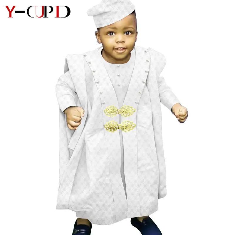 African Boy Outfit Bazin Riche Muslim Jacquard 4 Pieces Sets Tee Pant Robes and Cap Kids Children Suits Agbada Outwear Y234017 8