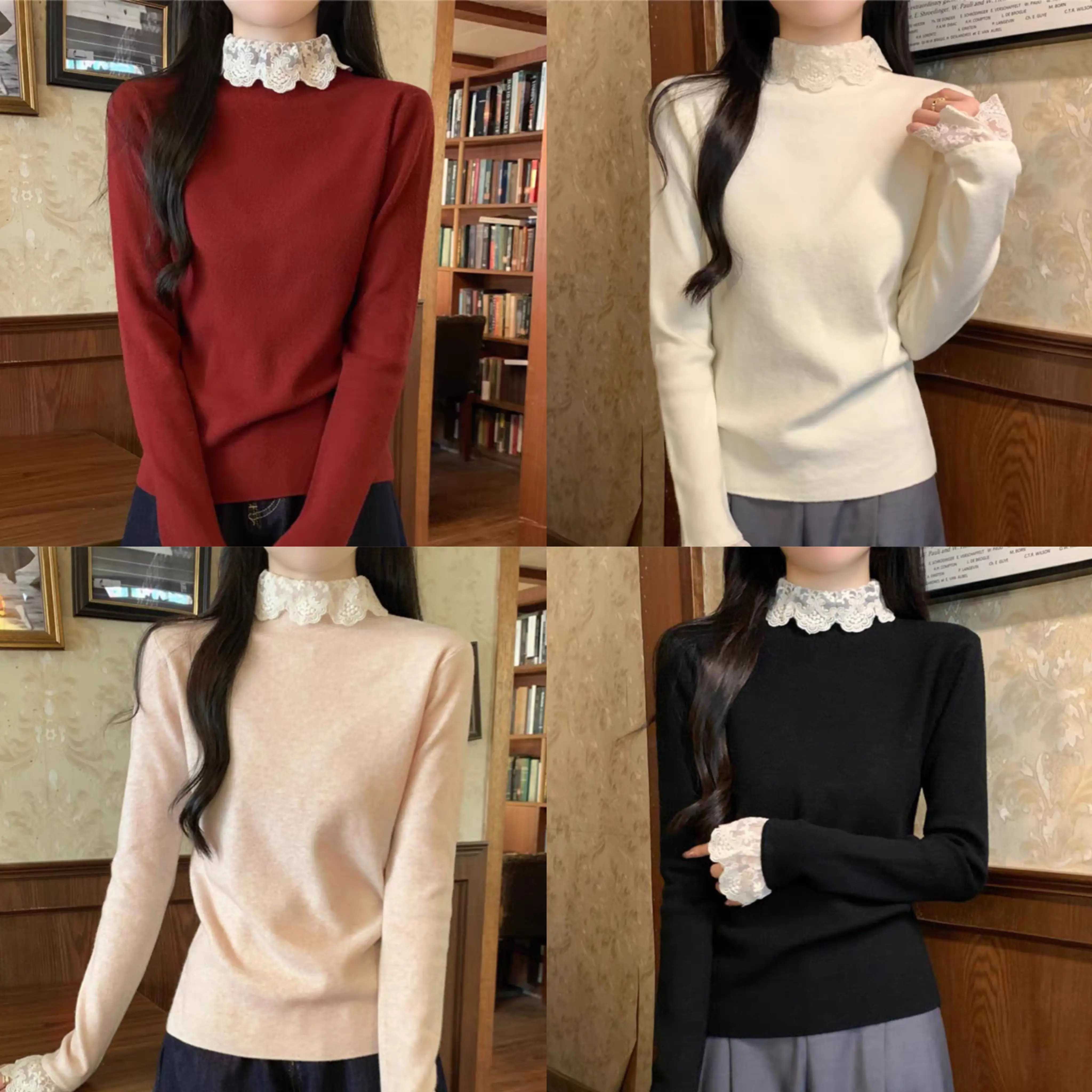 Áo Len Dài Tay Áo, Phong Cách Hàn Quốc, Với Ren Chắp Vá, Cổ Lọ, Thích Hợp Cho Mùa Đông, Hàng Mới Về, Áo Mặc Trong Nhẹ Nhàng, Dành Cho Nữ