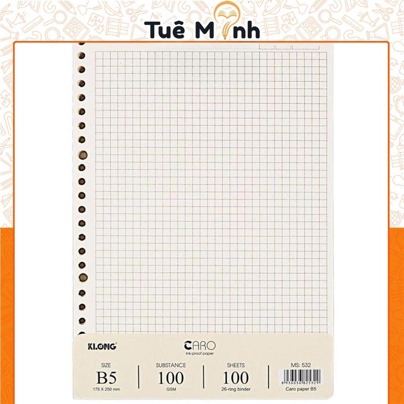 Giấy làm binder KLONG MS 532, refill ruột sổ còng B5 Caro 100 tờ dày 100gsm