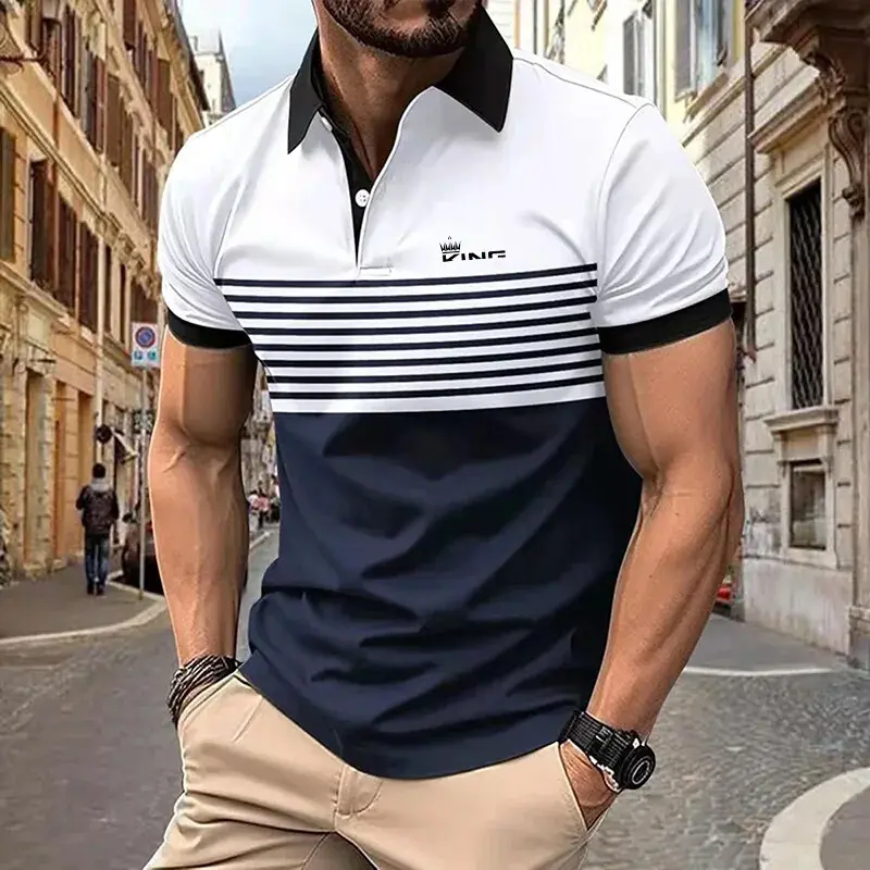 Summer polo shirt men's striped printed short sleeved polo shirt button neck fully sublimated polo shirt men's T-shirt top