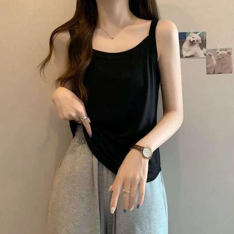 Product Introduction of Women's Vest Base Layer Versatile Belly Covering Ice Silk Camisole Loose Fit Black and White Inner Wear 1