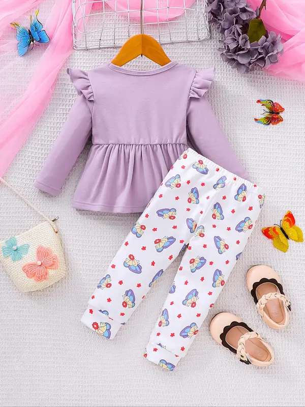 Baby Girls' Cute Butterfly Print Bow Decor Long Sleeve Top & Pants Two-piece Set, Casual Round Neck Layered Sleeve Top & Trousers for Daily Wear, Newborn Infant Kids Fall & Winter Clothes 1
