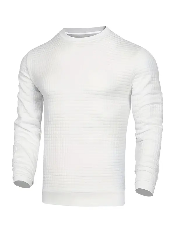 Men's Plain Waffle Round Neck Summer Sports Sweatshirt, Regular Fit Casual Comfy Long Sleeve Pullover for Spring & Fall, Men's Sportswear Longsleeves Crewneck Tops for Indoor Outdoor Gym Workout Running, Menswear 2