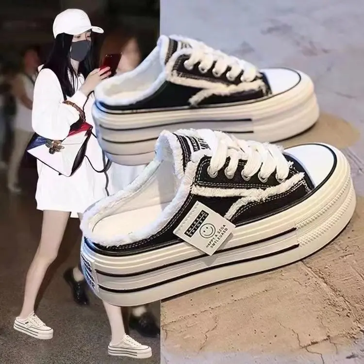 Closed Toe Slippers Women's Summer Outdoor Wear 2024 New Canvas Shoes Heel-Free All-Match Lazy Half Slippers Thick Bottom Ins Fashion Footwear Girl Comfort