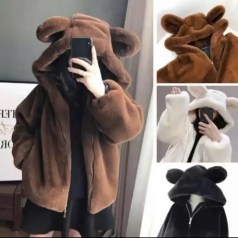 Áo Lông Có Mũ Tai Gấu 2 Lớp Trùm Đầu, Áo Khoác Lông Có Tai Chất Lông Mượt Fom Rộng Thời Trang Nam Nữ 2