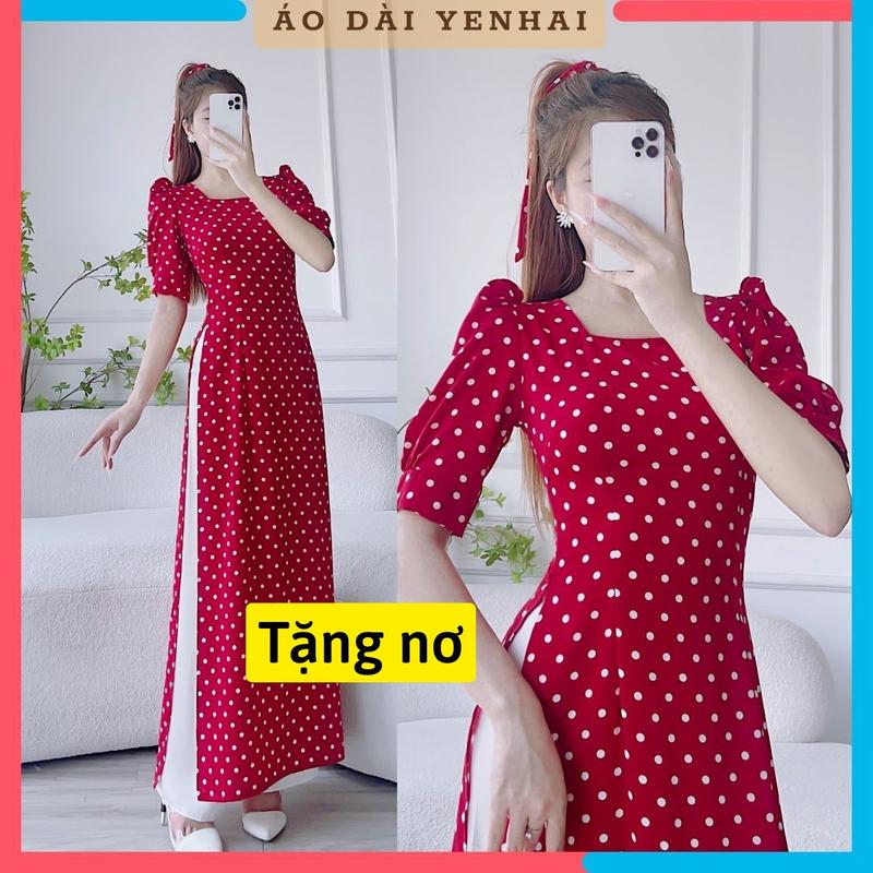 D1654 - Áo dài cô ba Sài Gòn họa tiết chấm bi đỏ đô