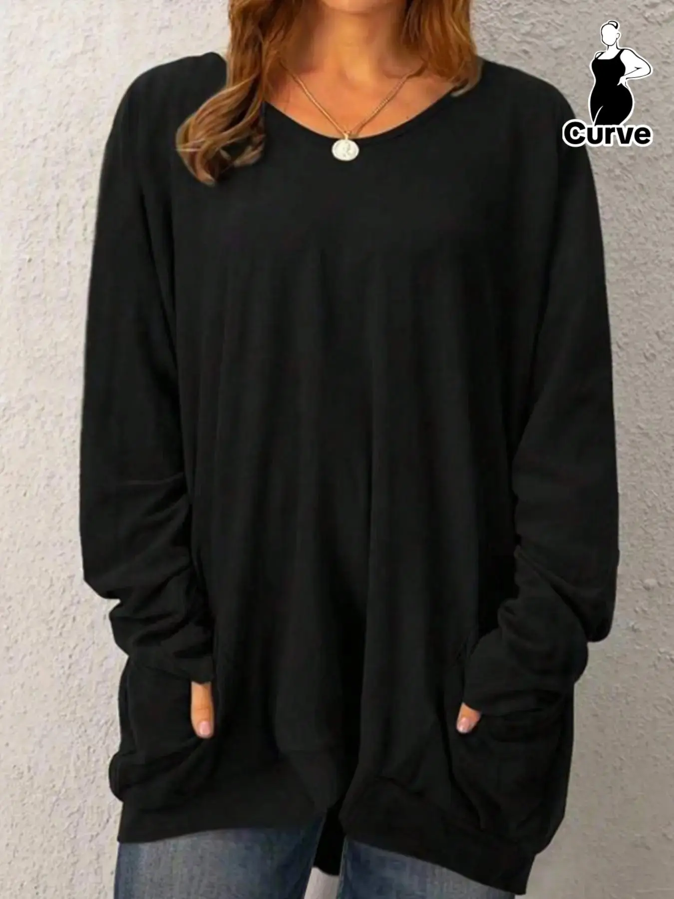 Women's Plus Size Plain Pocket Round Neck Tee, Summer Clothes, Comfort Casual Cozy Long Sleeve Crew Neck T-shirt for Spring & Fall, Ladies Plus Size Clothing for Daily Streetwear, T Shirts for Women, Cute Winter Outfits, Workwear
