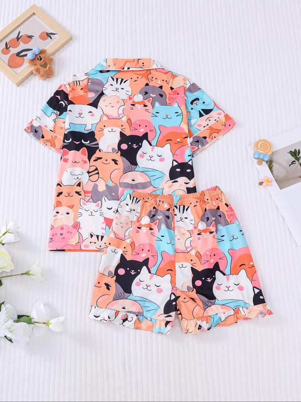 Girl's Cartoon Cat Print Lapel Neck Shirt & Shorts Two-piece Pajamas Set, Cute Casual Short Sleeve Top & Shorts, Kids Sleepwear for All Seasons 1