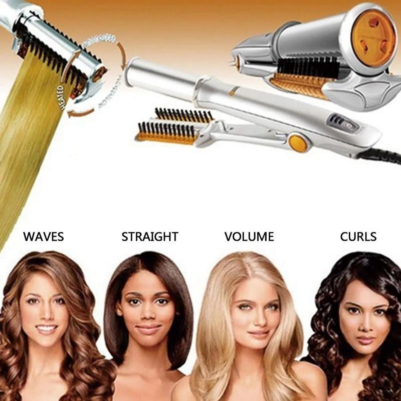 Product Introduction of New Portable 2 in 1 Hair Straightener Hair Curler Adjustable Temperature Ceramic 2-Way Rotating Hair Curler with Brush Hairdressing Tool 19