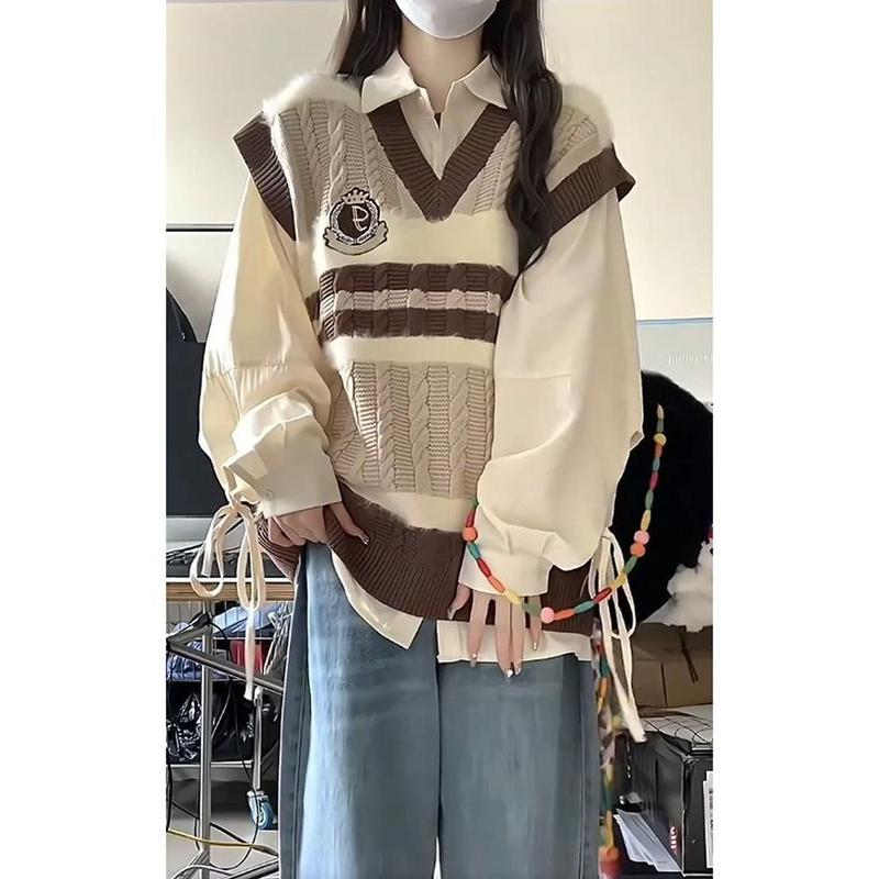 Bộ Đồ Hai Mảnh, Phong Cách Preppy Ngọt Ngào Nhật Bản, Màu Tương Phản, Cổ Chữ V, Áo Vest Dệt Kim, Áo Sơ Mi Nữ Dài, Thích Hợp Cho Mùa Xuân Và Mùa Thu, Hàng Mới Về Women Top Jacket 3