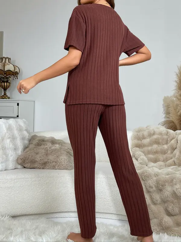 Women's Solid Ribbed Drop Shoulder Tee & Pants Pyjama Two-piece Set, Casual Comfy Split Hem Short Sleeve Top & Trousers Pj Set, Ladies Sleepwear for All Seasons 1