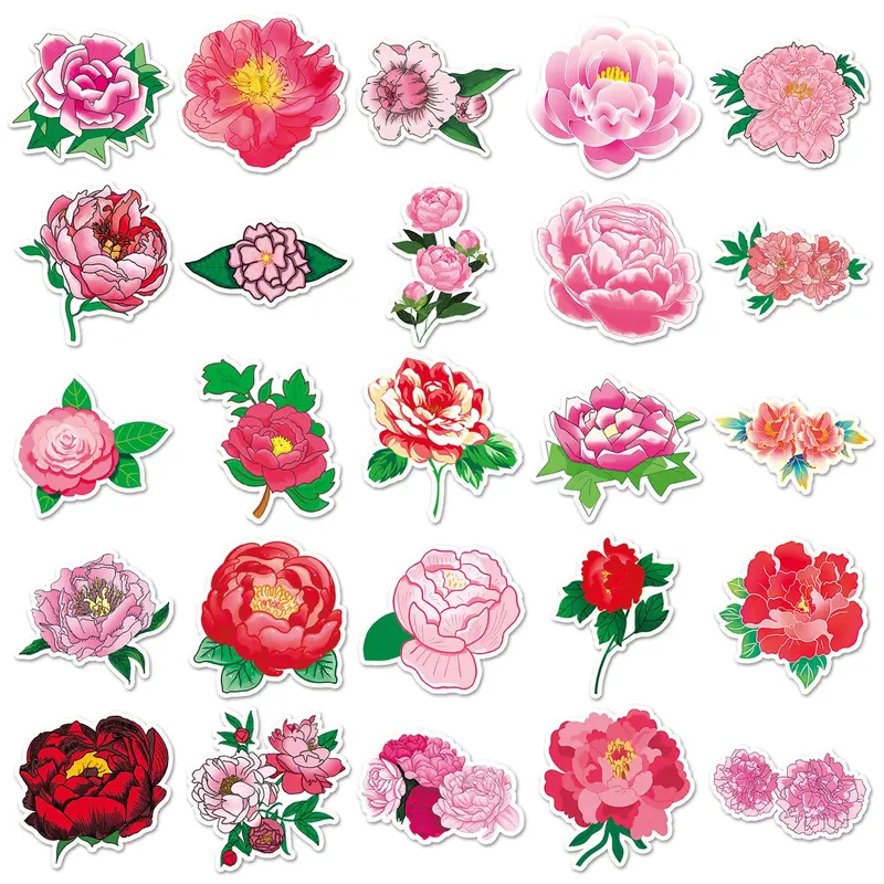 Peony Flower Pattern Sticker, 100pcs/set Colorful Floral Decals, DIY Decorative Sticker for Scrapbooking & Journal Making 5