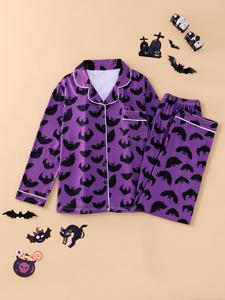 Two-Piece Set Women's Halloween Print Lapel Shirt & Pants Pyjama Set, Casual Comfy Long Sleeve Pocket Top & Trousers PJ Set, Ladies Sleepwear for Halloween