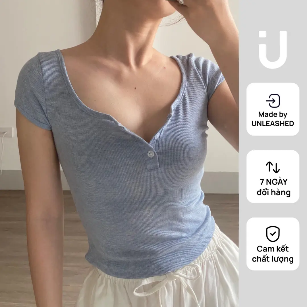 Áo thun gân cotton dáng ôm cổ sâu tay hến cổ 3 cúc Unleashedvn Ocean Ribbed Cotton Top
