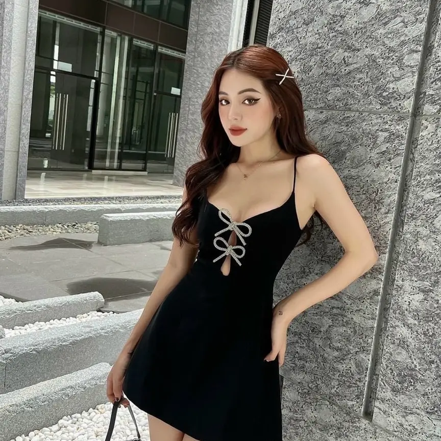 Đầm nơ đá thiết kế có mút có khóa kéo dáng xoè chất cotton co giãn